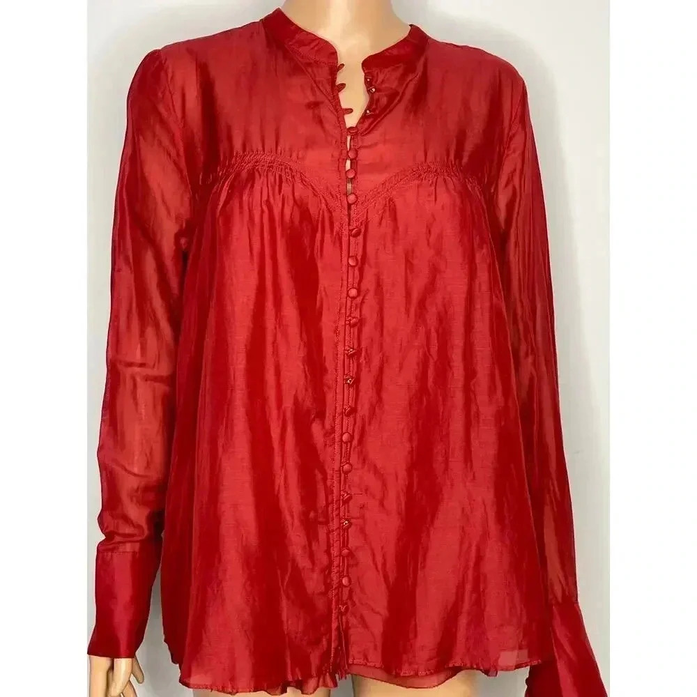 Free People Red Button Down shirt size L  cotton/silk blend - Picture 3 of 8